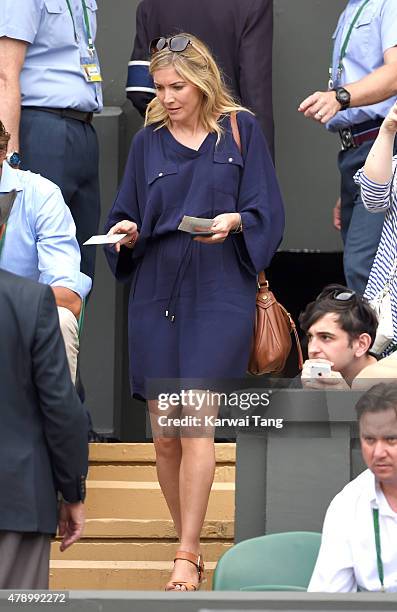 Lisa Faulkner attends the Philipp Kohlschreiber v Novak Djokovic match on day one of the Wimbledon Tennis Championships on June 29, 2015 in London,...