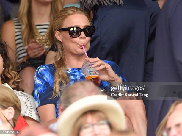 Jodie Kidd attends the Philipp Kohlschreiber v Novak Djokovic match on day one of the Wimbledon Tennis Championships on June 29, 2015 in London,...
