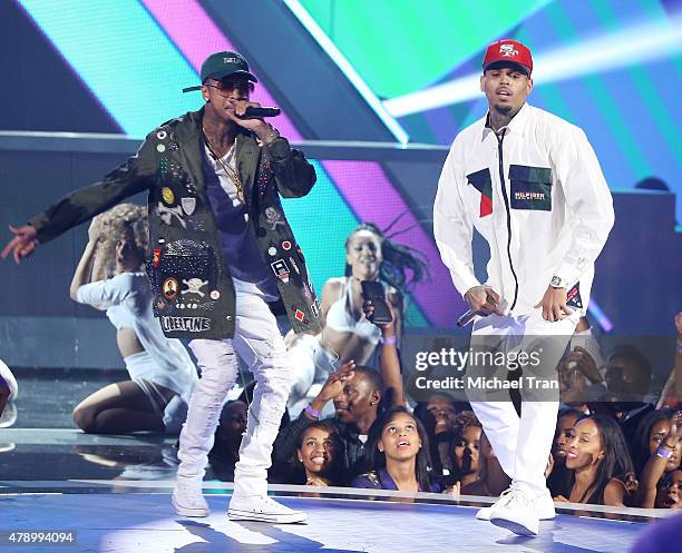 Chris Brown and Tyga perform onstage during the 2015 BET Awards held at Microsoft Theater on June 28, 2015 in Los Angeles, California.