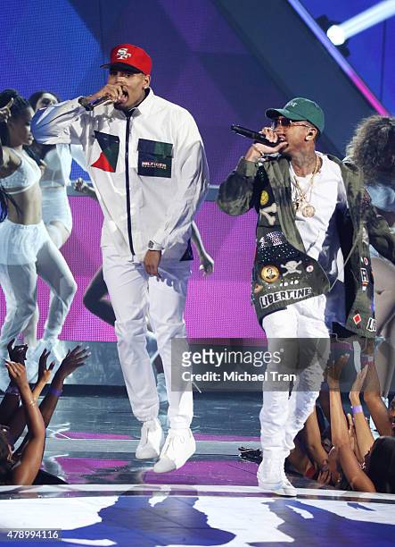 Chris Brown and Tyga perform onstage during the 2015 BET Awards held at Microsoft Theater on June 28, 2015 in Los Angeles, California.