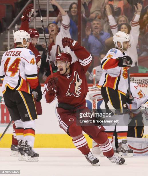 Mikkel Boedker of the Phoenix Coyotes celebrates the game winning powerplay goal by Shane Doan against the Calgary Flames at 8:49 of the third period...