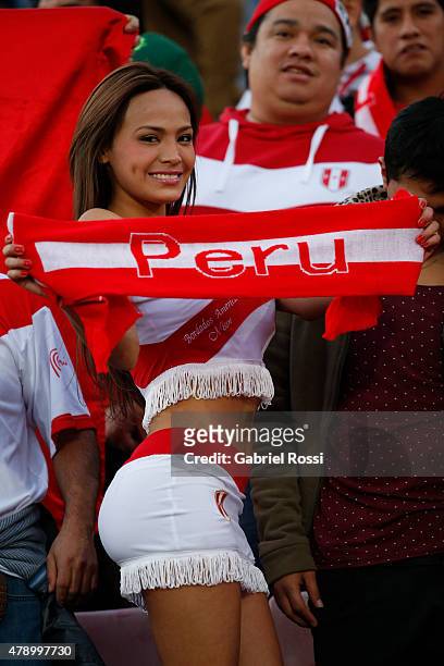 Nissu Cauti, fan of Peru enjoys the atmosphere prior to to the 2015 Copa America Chile Semi Final match between Chile and Peru at Nacional Stadium on...