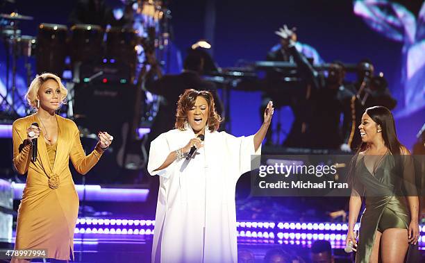 Tamar Braxton, Patti LaBelle and K.Michelle perform onstage during the 2015 BET Awards held at Microsoft Theater on June 28, 2015 in Los Angeles,...