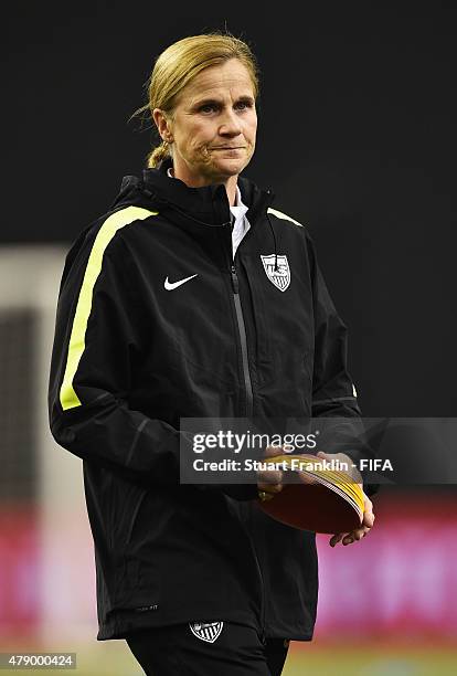 Jill Ellis, head coach of USA looks on during a training session prior to the FIFA Women's World Cup Semi Final match between USA and Germany at...