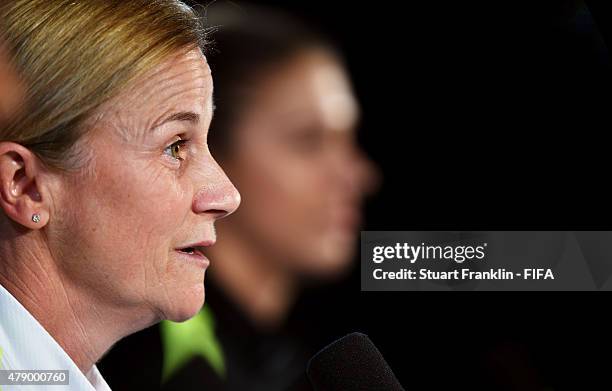 Jill Ellis, head coach of USA talks to the media during a press conference and training session prior to the FIFA Women's World Cup Semi Final match...