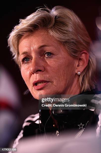 Head coach Silvia Neid of Germany reacts during a press conference at Olympic Stadium ahead of their semi final match against the United States on...