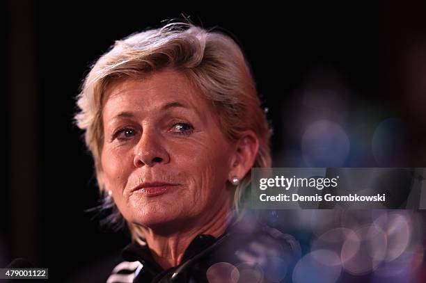 Head coach Silvia Neid of Germany reacts during a press conference at Olympic Stadium ahead of their semi final match against the United States on...