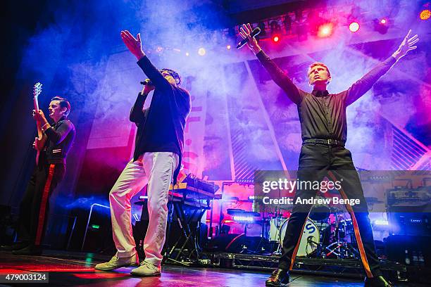 Nick McCarthy, Russell Mael and Alex Kapranos of FFS performs at the Troxy on June 29, 2015 in London, England.