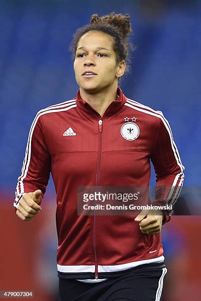 Celia Sasic of Germany practices during a training session at Olympic Stadium ahead of their semi final match against the United States on June 29,...
