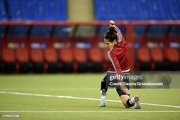 Celia Sasic of Germany practices during a training session at Olympic Stadium ahead of their semi final match against the United States on June 29,...