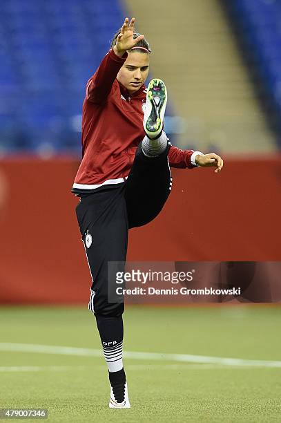 Dzsenifer Marozsan of Germany practices during a training session at Olympic Stadium ahead of their semi final match against the United States on...