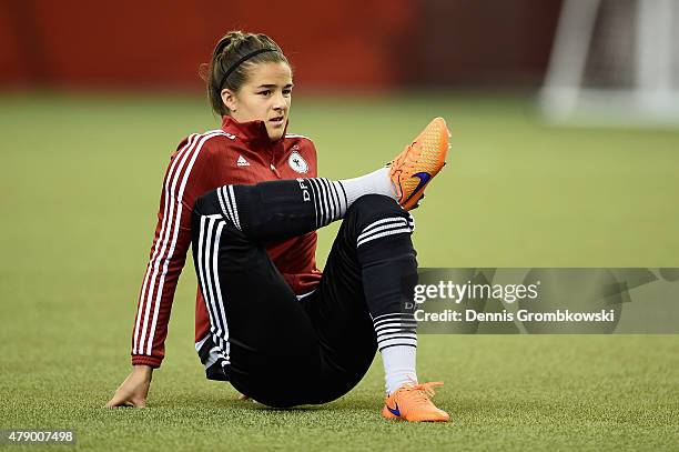 Lena Lotzen of Germany practices during a training session at Olympic Stadium ahead of their semi final match against the United States on June 29,...