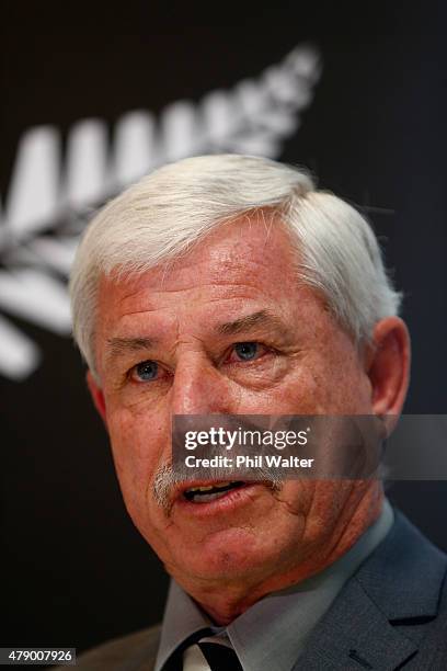 New Zealand Cricket board member Sir Richard Hadlee speaks during a New Zealand Cricket press conference at the NZC Grafton Headquarters on June 30,...