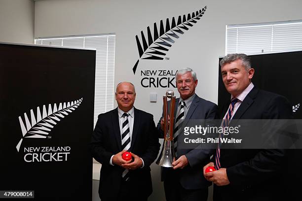 New Zealand Cricket CEO David White, board member Sir Richard Hadlee, and players association chief executive Heath Mills pose with the...