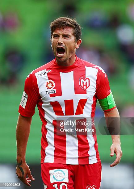 Heart captain Harry Kewell reacts after a referees decision during the round 23 A-League match between Melbourne Heart and the Wellington Phoenix at...