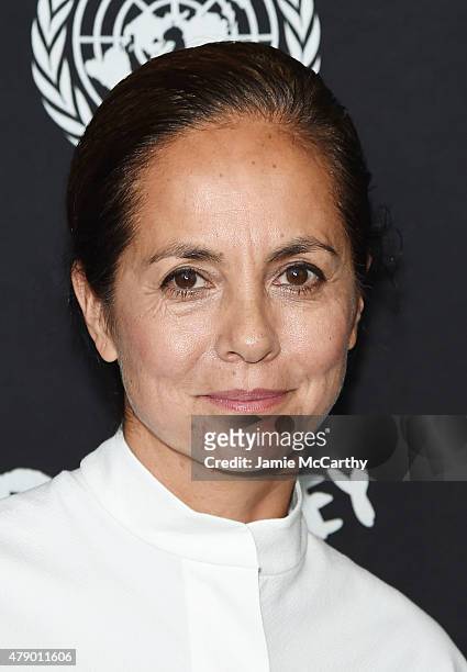 Fashion designer Maria Cornejo attends the United Nations x Parley For The Oceans Launch Event at the United Nations General Assembly Hall on June...