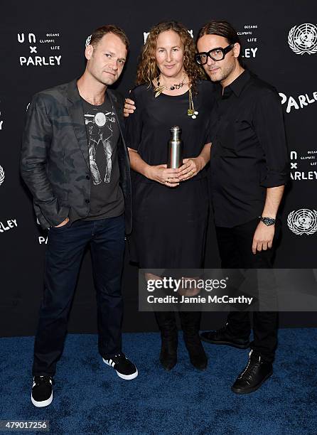 Tim Coombs, Dianna Cohen and Founder of Parley For The Oceans Cyrill Gutsch attend the United Nations x Parley For The Oceans Launch Event at the...