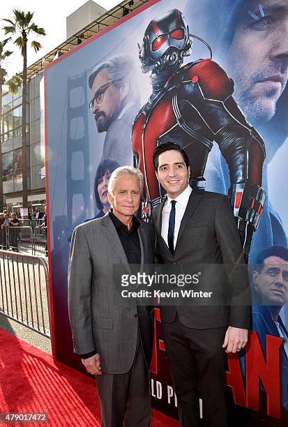 Actors Michael Douglas and David Dastmalchian attend the premiere of Marvel's "Ant-Man" at the Dolby Theatre on June 29, 2015 in Hollywood,...
