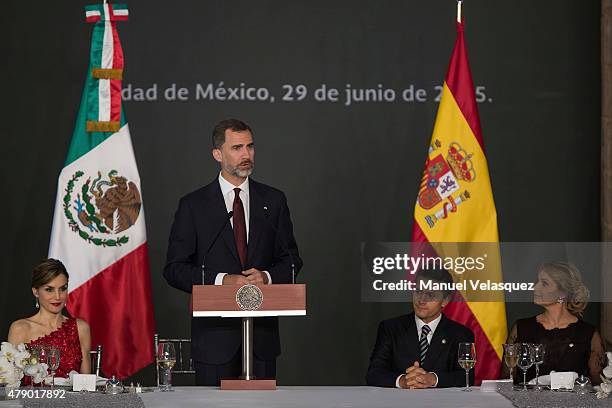 King Felipe VI of Spain gives a speech during a state dinner given by Mexican President Enrique Peña Nieto and his wife First Lady Angelica Rivera at...