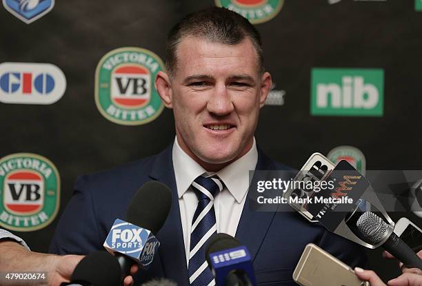 Paul Gallen speaks to media during the New South Wales Blues State of Origin team announcement at Revesby Workers Club on June 30, 2015 in Sydney,...