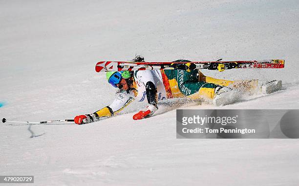 Melissa Perrine of Australia crashes in the Women's Giant Slalom Visually Impaired during day nine of the Sochi 2014 Paralympic Winter Games at Rosa...