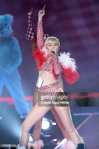 Miley Cyrus performs in concert during her Bangerz tour at the AT&T Center on March 15, 2014 in San Antonio, Texas.