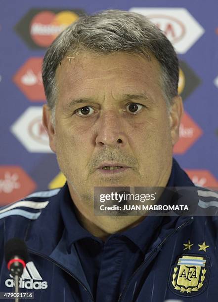 Argentina's coach Gerardo Martino gestures during a press conference at Alcaldesa Ester Roa Rebolledo stadium in Concepcion, Chile on June 29 on the...