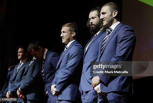 Robbie Farah smiles on stage during the New South Wales Blues State of Origin team announcement at Revesby Workers Club on June 30, 2015 in Sydney,...