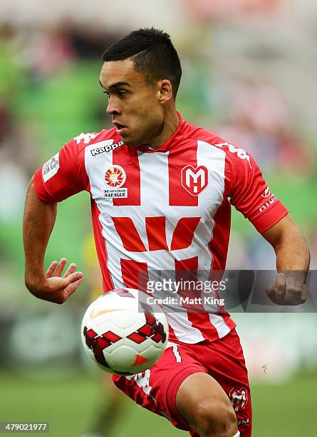 Iain Ramsay of the Heart controls the ball during the round 23 A-League match between Melbourne Heart and the Wellington Phoenix at AAMI Park on...