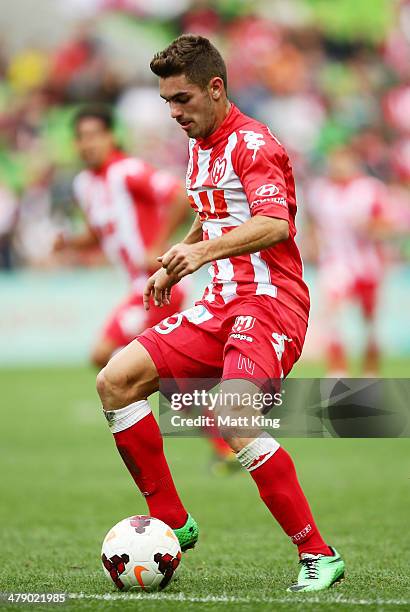Ben Garuccio of the Heart controls the ball during the round 23 A-League match between Melbourne Heart and the Wellington Phoenix at AAMI Park on...