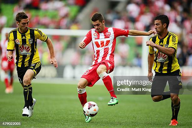 Ben Garuccio of the Heart controls the ball during the round 23 A-League match between Melbourne Heart and the Wellington Phoenix at AAMI Park on...