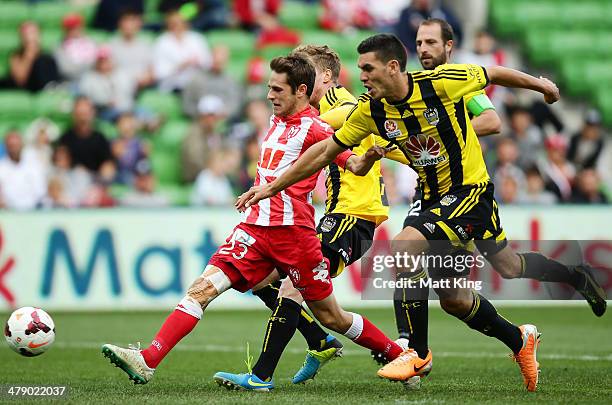 Mate Dugandzic of the Heart shoots at goal during the round 23 A-League match between Melbourne Heart and the Wellington Phoenix at AAMI Park on...