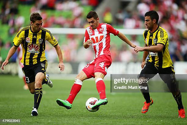 Ben Garuccio of the Heart controls the ball during the round 23 A-League match between Melbourne Heart and the Wellington Phoenix at AAMI Park on...