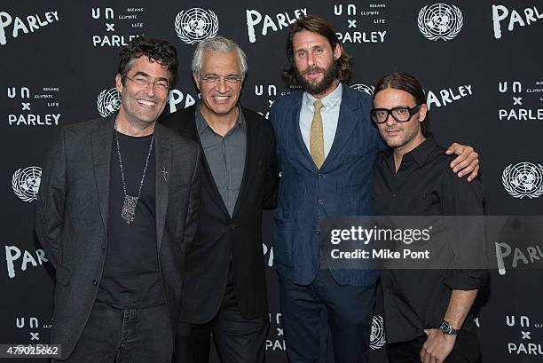 Artist Chris Jordan, filmmaker Louie Psihoyos, explorer David de Rothschild, and Founder of Parley for the Oceans Cyrill Gutsch attend the President...