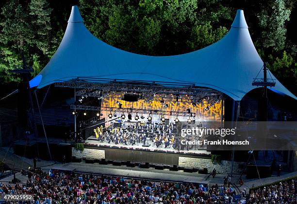 Berliner Philharmoniker with chief conductor Sir Simon Rattle perform live during a concert at the Waldbuehne on June 28, 2015 in Berlin, Germany.