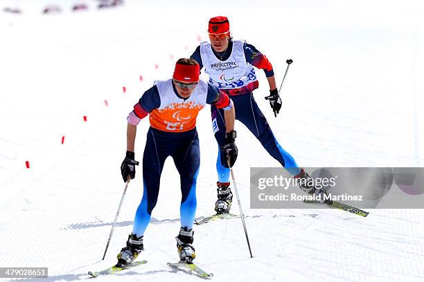 Gold medalist Elena Remizova of Russia and guide Natalia Yakimova drive towards the finish line in the Womens Cross Country 5km Free  Visually...