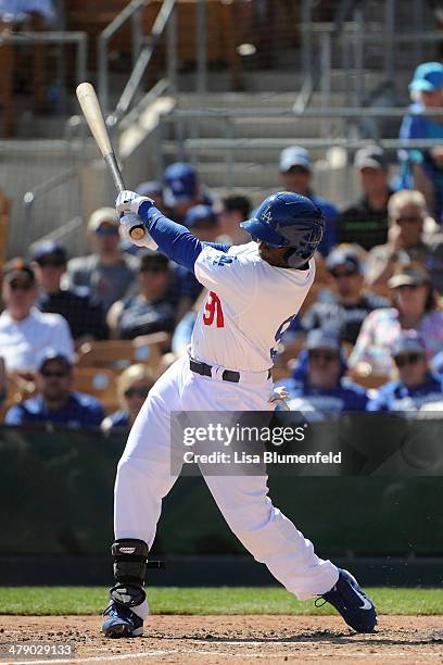 Trayvon Robinson of the Los Angeles Dodgers bats against the San Diego Padres at Camelback Ranch on March 15, 2014 in Glendale, Arizona.