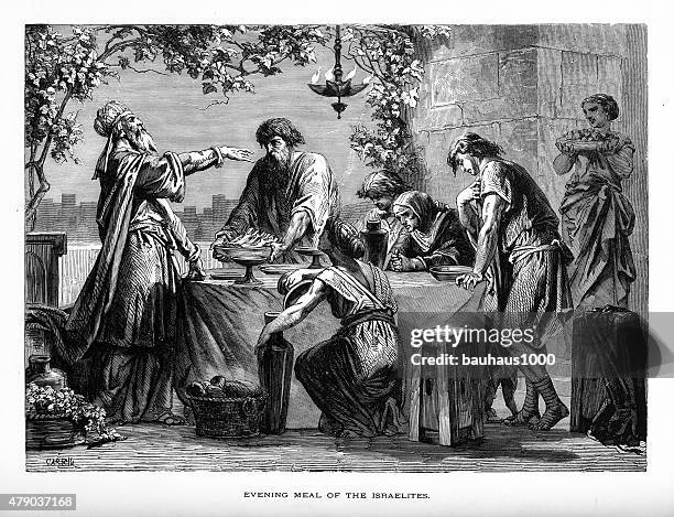 evening meal of the israelites biblical engraving - passover lamb stock illustrations