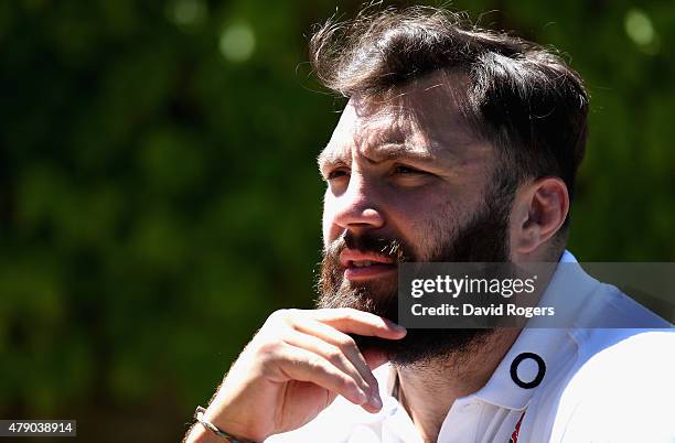 Alex Corbisiero faces the media during the England media session held at Pennyhill Park on June 30, 2015 in Bagshot, England.