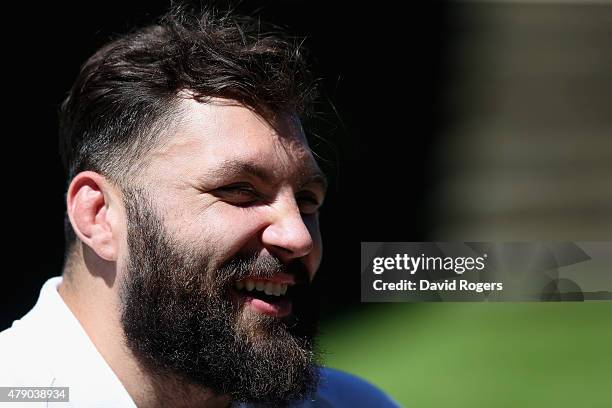 Alex Corbisiero faces the media during the England media session held at Pennyhill Park on June 30, 2015 in Bagshot, England.