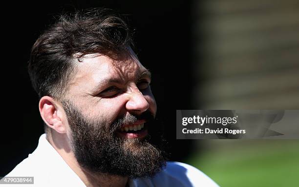 Alex Corbisiero faces the media during the England media session held at Pennyhill Park on June 30, 2015 in Bagshot, England.