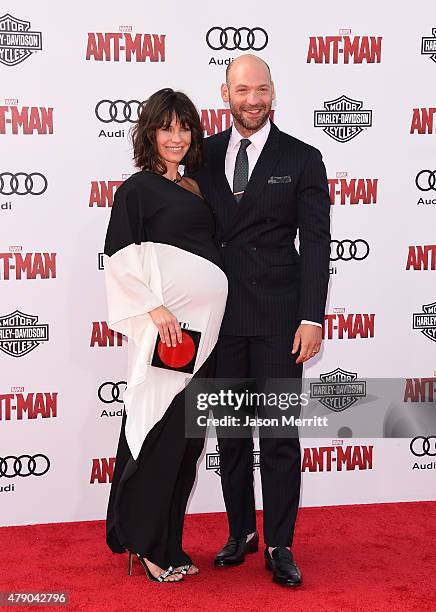 Actors Corey Stoll and Evangeline Lilly arrive at the Los Angeles Premiere of Marvel Studios 'Ant-Man' at Dolby Theatre on June 29, 2015 in...