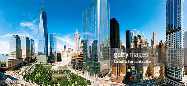 world trade center aerial panoramic view in new york city - lower manhattan stock pictures, royalty-free photos & images