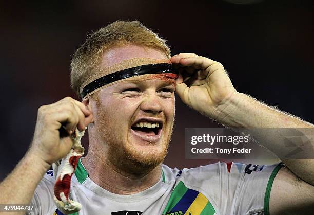 Joel Edwards of the raiders leaves the ground during the round two NRL match between the Newcastle Knights and the Canberra Raiders at Hunter Stadium...