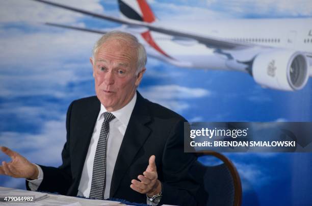 Sir Tim Clark, President of Emirates Airline, speaks during a press conference at the National Press Club June 30, 2015 in Washington, DC. Clark...