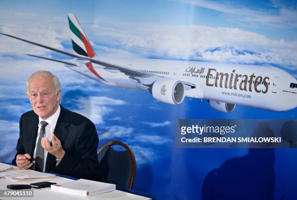 Sir Tim Clark, President of Emirates Airline, speaks during a press conference at the National Press Club June 30, 2015 in Washington, DC. Clark...
