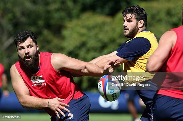 Alex Corbisiero passes the ball during the England training session held at Pennyhill Park on June 30, 2015 in Bagshot, England.