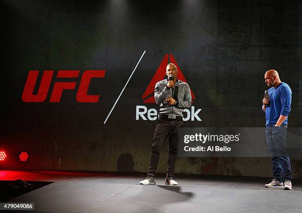 Reebok Vice President Todd Krinsky and UFC President Dana White speak to the media during the Reebok Fight Kit Launch at Skylight Modern on June 30,...