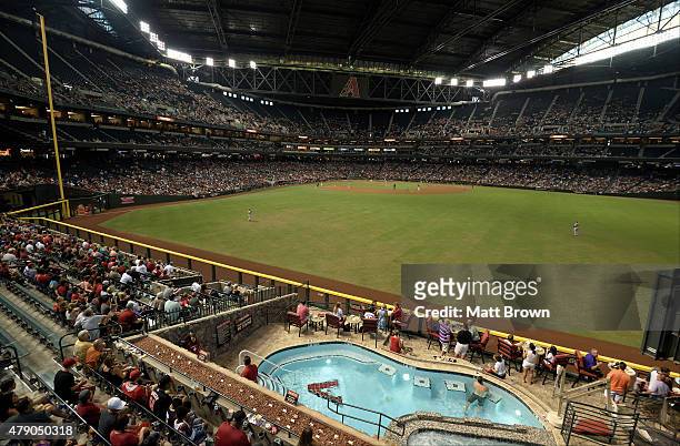 General view of play during the game between the Arizona Diamondbacks and the Los Angeles Angels of Anaheim at Chase Field on June 17, 2015 in...