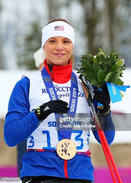 Bronze medalist Oksana Masters of the United States poses during the medal ceremony for the Womens Cross Country 5km - Sitting on day nine of the...